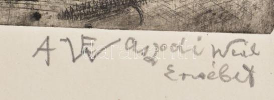 Aszódi Weil Erzsébet (1901-1976): Háborúban Attila körúton. Rézkarc, papír, jelzett. 38×23 cm