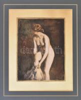 Báró Hatvany Ferenc (1881-1958) - Vydai Brenner Nándor (1903-1966): Női akt. Színezett rézkarc, papír, jelzett (Hatvany Ferenc), paszpartuban. 39×31 cm
