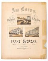 1906 Franz Dvorzak: Am Corso Polka francaise für pianoforte. Componirt von - -. Op. 18. Bp., 1906, Rózsavölgyi, 5+1 p. A címlapon budapesti Dunakorzó, a Vigadó és a Thonet-ház színes litografált képével, javított lapokkal, 6,5x8,5 cmx3, lapméret: 34x27 cm