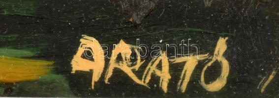 Arató István (1922-2010): Visegrádi hegyoldal. Olaj, farost, jelzett, hátoldalán autográf felirattal...