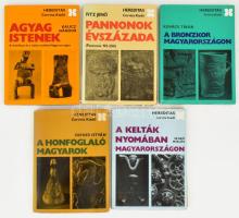 Hereditas sorozat 5 kötete: Fitz Jenő: Pannonok évszázada; Kovács Tibor: A bronzkor Magyarországon; Dienes István: A honfoglaló magyarok; Szabó Miklós: A kelták nyomában Magyarországon; Kalicz Nándor: Agyag istenek. Bp., 1971-1982, Corvina. Kiadói papírkötés, vegyes állapotban, a könyvekben kapcsolódó újságcikkekkel.
