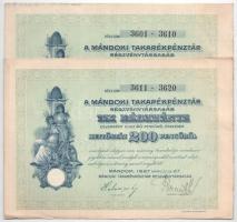 Mándok 1927. &quot;Mándoki Takarékpénztár Részvénytársaság&quot; tíz részvénye egyenként 20P-ről, összesen 200P-ről (2x) sorszámkövetők T:AU