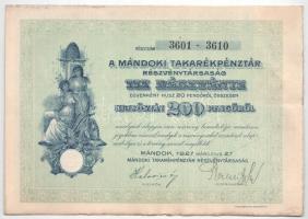 Mándok 1927. "Mándoki Takarékpénztár Részvénytársaság" tíz részvénye egyenként 20P-ről, ös...