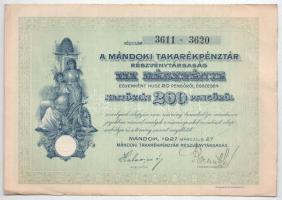 Mándok 1927. "Mándoki Takarékpénztár Részvénytársaság" tíz részvénye egyenként 20P-ről, ös...