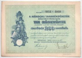 Mándok 1927. "Mándoki Takarékpénztár Részvénytársaság" tíz részvénye egyenként 20P-ről, ös...
