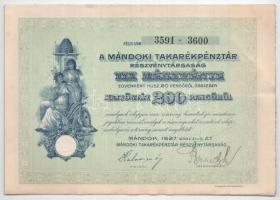 Mándok 1927. "Mándoki Takarékpénztár Részvénytársaság" tíz részvénye egyenként 20P-ről, ös...