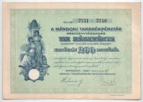 Mándok 1927. "Mándoki Takarékpénztár Részvénytársaság" tíz részvénye egyenként 20P-ről, ös...