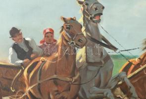 Viski János (1891-1987): Vágtázó szekér. Olaj, vászon, jelzett. Kissé sérült. Fakeretben, 60x80 cm