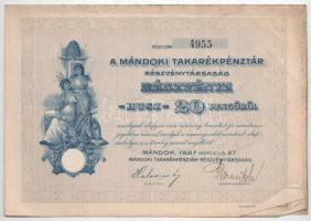 Mándok 1927. "Mándoki Takarékpénztár Részvénytársaság" részvénye 20P-ről + tíz részvénye e...