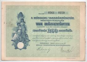 Mándok 1927. "Mándoki Takarékpénztár Részvénytársaság" részvénye 20P-ről + tíz részvénye e...