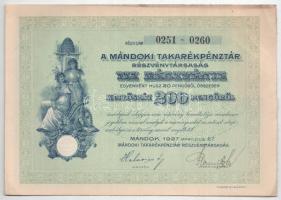 Mándok 1927. "Mándoki Takarékpénztár Részvénytársaság" részvénye 20P-ről + tíz részvénye e...