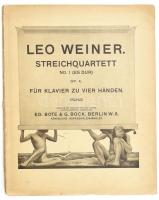 Weiner Leó: Streichquartett No. 1 (Es dur) für Klavier zu vier Händen. Op. 4. Berlin, én., Ed. Bote & G. Bock, 71 p. Kiadói papírkötés, szakadozott borítóval.   A szerző, Weiner Leó (1885-1960) Kossuth-díjas zeneszerző által Adler Marianne izraelita származású zongoratanárnő, Szendy Árpád (1863-1922) zongoraművész és - tanár, zeneszerző tanítványa részére DEDIKÁLT példány.