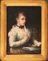 Olvashatatlan jelzéssel: Levelet író lány. Olaj, fa. Dekoratív fakeretben, 17×12 cm