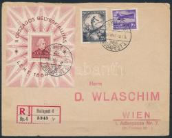 1934 LEHE blokk 2 db Repülő II. bélyeggel ajánlott levélen Bécsbe / Mi block 1 on registered cover