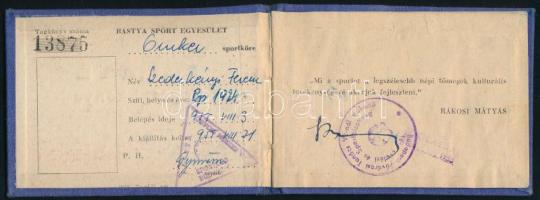 1955 Bástya SE tagsági könyv, bélyegekkel