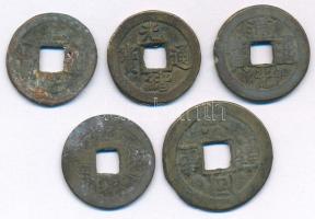 Kínai Császárság ~19. század Cu cash (5db) T:F Chinese Empire ~19th century Cu cash (5pcs) C:F