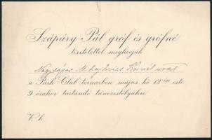cca 1900 Szapáry Pál gróf (1873-1917) fiumei kormányzó és felesége táncestélyének meghívója, Mihailovics Kornélnak címezve, tetején szakadással, 16,5x10,5 cm