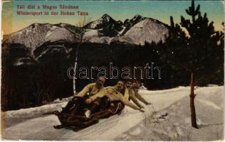 1918 Tátra, Vysoké Tatry; Téli élet a Magas Tátrában, irányítható szánkó, tobogánsport / winter sport, toboggan, sled, controllable bob sleigh (fl)