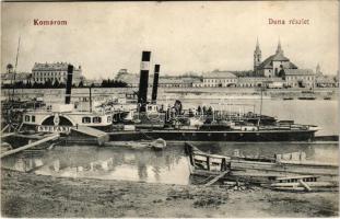 1913 Komárom, Komárnó; Duna részlet, STEFÁNIA oldalkerekes vontató gőzhajó. Laky Béla kiadása / Danube river, port, Hungarian side wheeler tug steamship