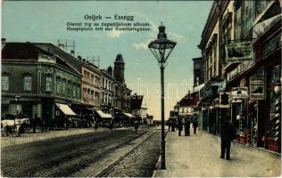 1910 Eszék, Osijek, Essegg; Glavni trg sa zupanijskom ulicom / Fő tér és Megyei utca, Turul cipő és Hermina Ackerhalt üzlet / square, shops (EK)