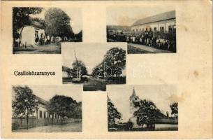 Csallóközaranyos, Aranyos, Zlatná na Ostrove; üzlet, iskola, utca, református templom. Hangya szövetkezet kiadása / shop, school, street view, Calvinist church