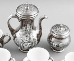 Szász Endre által tervezett Hollóházi porcelán mokkás készlet: 6 személyes. Platina mázas. Komplett,...