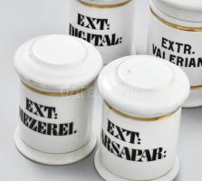 6 db porcelán gyógyszertári tégely, feliratos, jelzés nélkül, kis kopással 12-16 cm