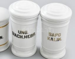 6 db porcelán gyógyszertári tégely, feliratos, jelzés nélkül, kis kopással 12-16 cm