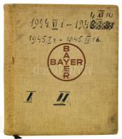 1944 Bayer Diarium. Magyarországi vezérképviselet: Magyar Pharma Gyógyárú Rt. Benne gyógyszerek ismertetésével, regiszteres névmutatóval, számos kézzel írt bejegyzéssel. Kiadói egészvászon-kötésben, kissé sérült, foltos, a könyvtesttől elváló borítóval, néhány kissé foltos, sérült lappal.