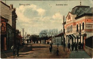 1915 Beregszász, Beregovo, Berehove; Andrássy utca, fürdő, üzletek. Farkas és Földes kiadása / street, spa, shops (EK)