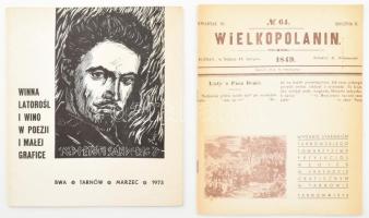 1973 Winna latorosl i wino w poezji i malej grafice Wystawa zorganizowana dla uczczenia pamiejci Sándora Petőfiego w 150-leci jego urodzin 1823-1973. Tarnów, 1973. Lengyel nyelven. + 1973 No, 64. Wielkopolanin 1849. Tarnów, 1973., Tarnowski Towarzystwo Przyjaciol Wegier. Lengyel nyelven. Kiadói papírkötés. Megjelent 300 példányban.