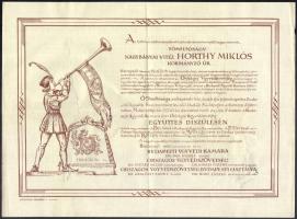 1930 Meghívó Horthy Miklós kormányzó arcképének leleplezésére és a festmény átadására a Budapesti Ügyvédi Kamara és az Országos Ügyvédszövetség együttes díszülésén. Hajtva, sérült, ragasztással javított, 29x21,5 cm