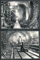 1962 Budapest, korai felvételek a metró építéséről, 3 db feliratozott vintage fotó ezüst zselatinos fotópapíron, az egyik felirat szerint ekkoriban még kézi fejtésű pajzsot használtak az alagút építésénél, 9x14 cm és 13x18 cm