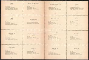 Bélyegformájú autós gyűjtőképek, 16 db kép egy ívben, a hátoldalon műszaki adatokkal, teljes méret: ...