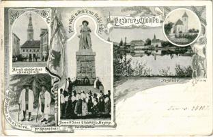 1905 Domazlice, Pozdrav z Chodska, Trhanov, Pomnik Jana Sladkého Koziny na Hrádku, Byvaly chodúv hrad / castle, folklore, monument. Art Nouveau, floral (Rb)