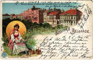 Belgrade, La Grande École et la Place du Roi / school, folklore. Art Nouveau, floral, litho (EK)