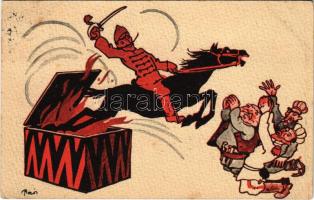 1917 Humoros világháborús grafikai lap. Magyar krampusz huszár az Antant hatalmak ellen. Kiadja a Magyar Földrajzi Intézet Rt. / Austro-Hungarian Krampus hussar. Anti-Triple Entente propaganda card s: Bíró