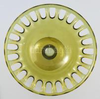 Áttört mintával talpas üveg asztalközép, jelzés nélkül, kopással, d: 41 cm, m: 17 cm