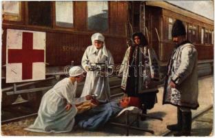 1915 Weltkrieg 1914-1917. Österreichischer Sanitätszug in der Bukowina / WWI Austro-Hungarian K.u.K. military art postcard, hospital train in Bukovina, injured soldier with Red Cross nurses (EK)