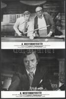 cca 1972 ,,A mesterdetektív" című angol film jelenetei és szereplői (Laurence Oliver és Michael Caine főszereplésével), 23 db vintage produkciós filmfotó ezüst zselatinos fotópapíron, a használatból eredő (esetleges) kisebb hibákkal, 18x24 cm
