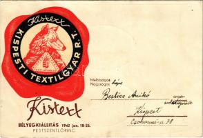 1942 Kistext Kispesti Textilgyár Rt. reklámlapja. Bélyegkiállítás 1942. Pestszentlőrinc / Hungarian textile factory advertising. So. Stpl. (EK)