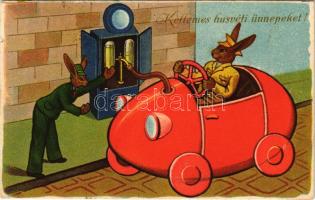 1941 Kellemes húsvéti ünnepeket / Easter greeting art postcard, rabbits at the gas station (EK)