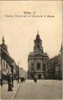 1917 Wien, Vienna, Bécs; Wiedener Hauptstraße mit Pfarrkirche St. Florian / main street, church (EK)