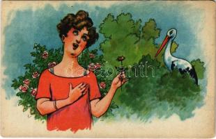 Lady with stork and roses. L&P 2061. (EK)