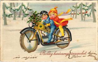 Boldog karácsonyi ünnepeket / Christmas greeting art postcard with motorcycle