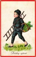 1926 Boldog Újévet / New Year greeting art postcard with chimney sweeper and clovers. L&P 2099. (EK)