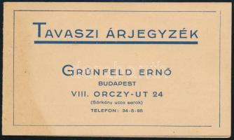 cca 1928 Grünfeld Ernő tavaszi árjegyzéke, benne borárlappal és más italokkal is, 2 sztl. lev., 7x12 cm