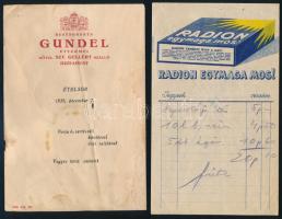 Vegyes reklám tétel, 6 db, közte Gundel (Szt. Gellért Szálló) menükártya (1939, sérült), Radion szám...