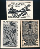Perei Zoltán (1913-1992): 7 db ex libris. Fametszet, papír, jelzettek, 5x8 cm és 13x18,5 cm között