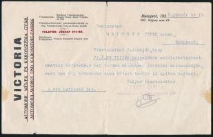 cca 1928-1929 Vegyes autós témájú papírrégiség, közte Michlein pneumatik árlap, Victoria Automobil művek és Karosszéria Gyár boríték és fejléces levél, Tisza Garage, Szilárd Béla Autófelszerelés és Pneumatik fejléces papírok, Unio Olaj, Gépzsír és Vegyipari Gyár Rt. fejléces papír, Budapest Fővárosi Gép- és Lóerejü Fuvarozók Ipartársulata...stb., összesen 11 db.